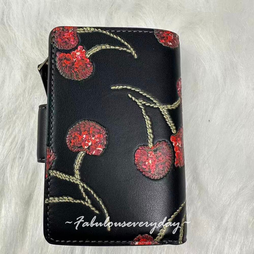 Coach Medium Corner Zip Wallet With Cherry Print Leather Gold/Black Multi CDF10 - Picture 3 of 6
